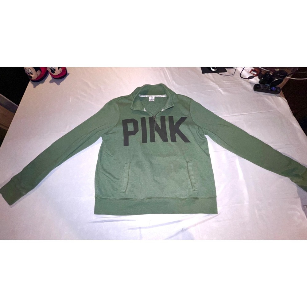 Victoria's Secret PINK Quarter Zip Sweatshirt Womens L Green Athleisure Pullover